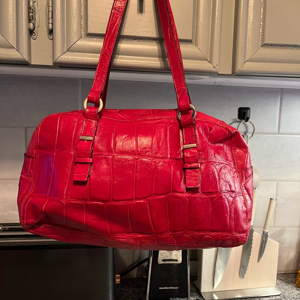 Francesco Biasia Rust Croc Embossed Red Leather Satchel Handbag